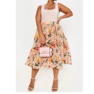 PrettyLittleThing NEW Plus Size 24 Pink Floral Pleated Midi Skirt Elastic Waist
